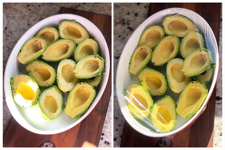 photo of avocado halves before and after covering with plastic wrap.