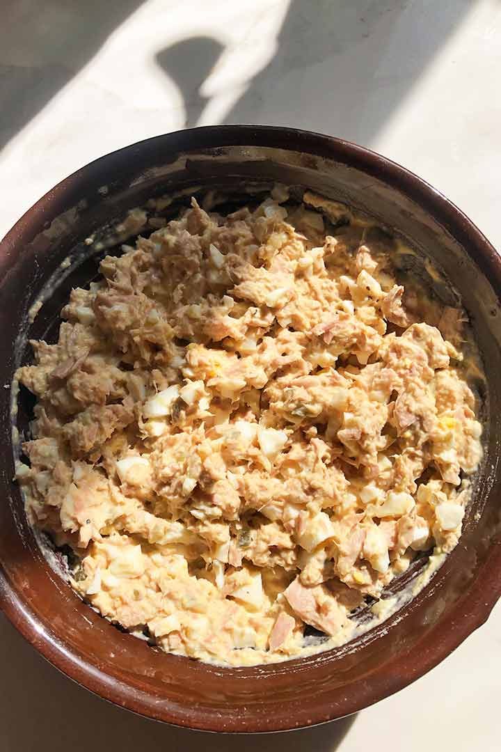 Mixed Tuna recipe ready to eat in a mexican clay bowl.