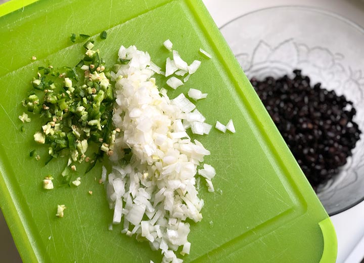 fresh ingredients: white onion and serrano pepper diced.