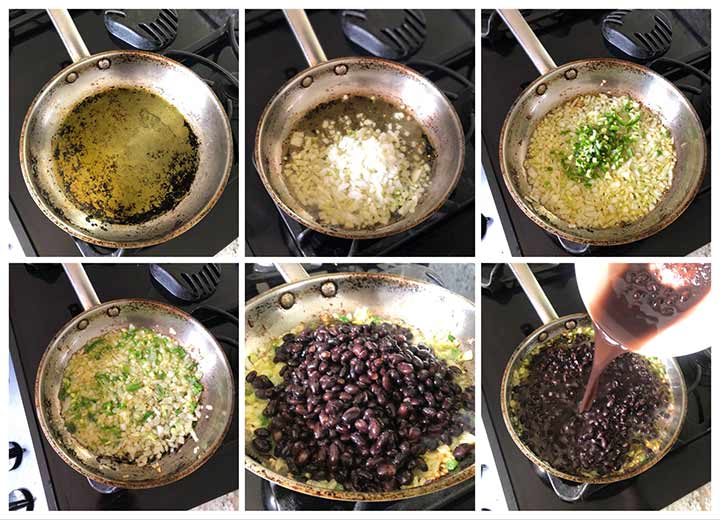 The best black beans cooking process steps on pan, six steps.