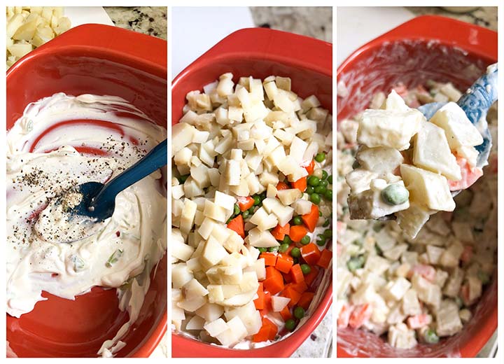3 photos of the process steps to mixing the potato recipe in a dish.