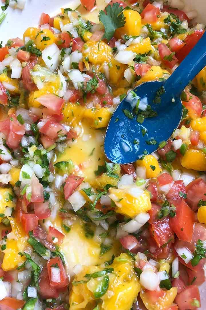 Fresh Mango Pico De Gallo Salsa recipe photo for spring/summer dining.