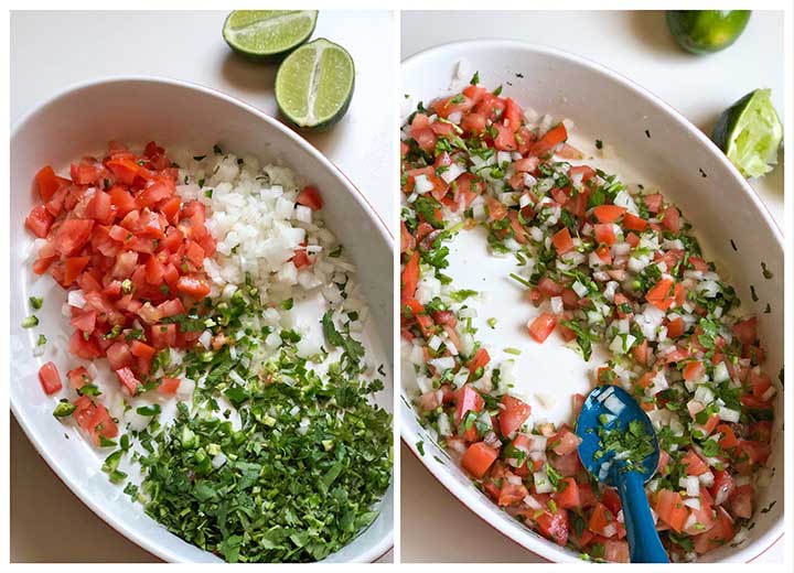 prepped ingredients before and after mixing the pico ingredients in a oval dish.