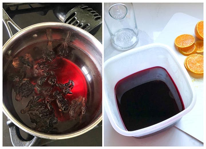 Hibiscus Tea process steps to make agua de jamaica, boiling on stove, and cooling.