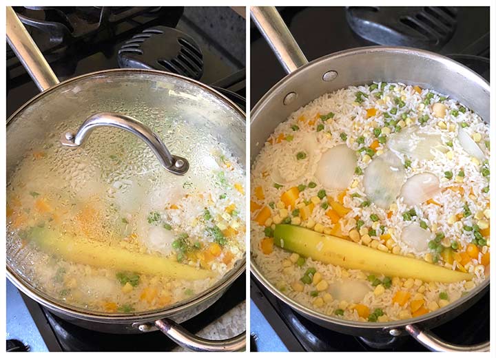Final step, steam release from cooking rice on the stove and remove lid after 5-10 minutes.