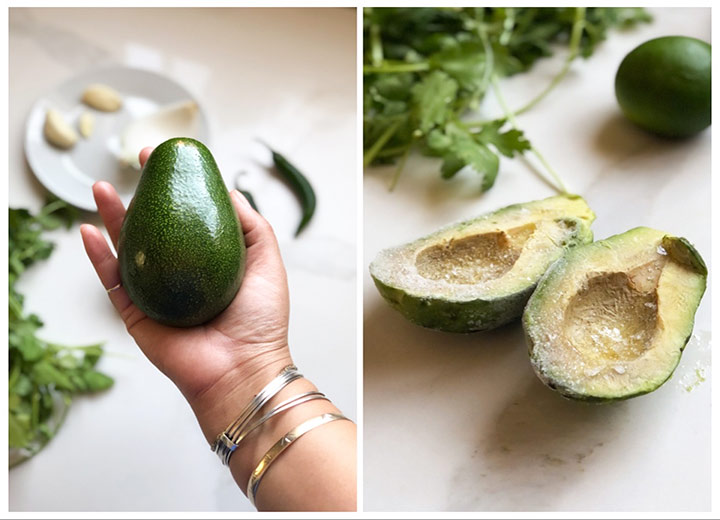 Fresh and Frozen Avocado options on white surface.