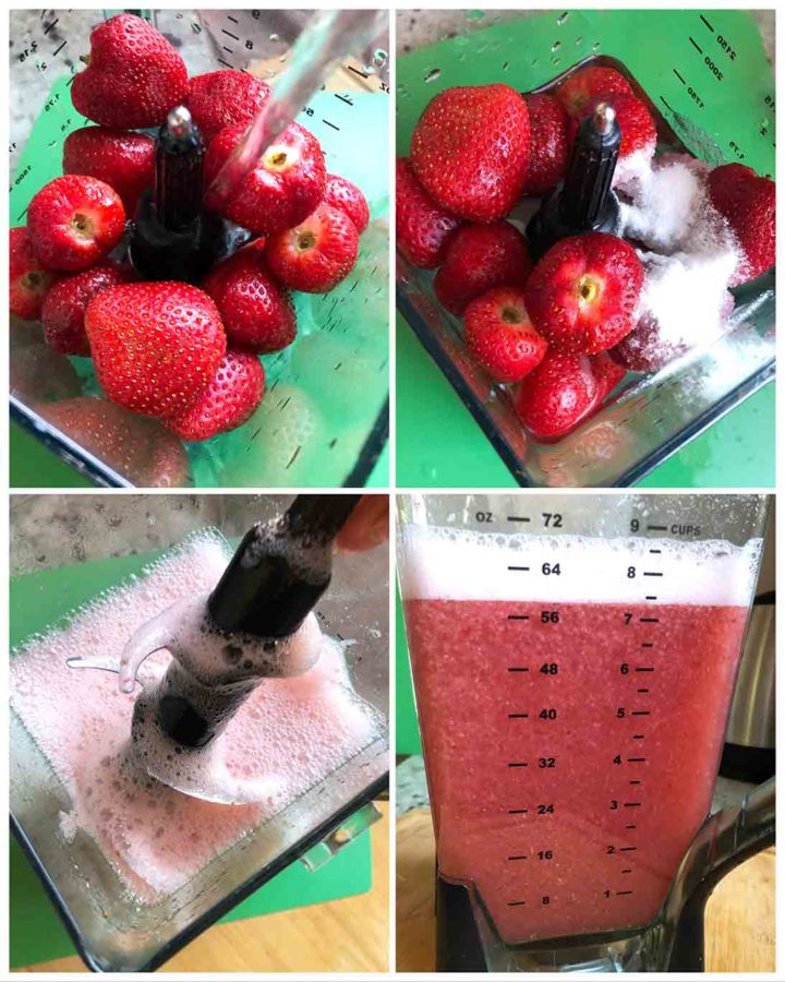 Process steps to make recipe, strawberries, water and sugar in blender.