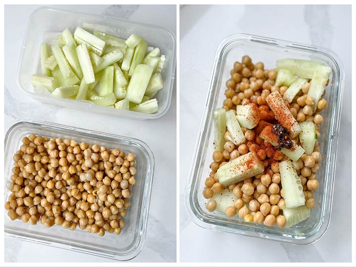 Cooked chickpeas and fresh sliced cucumber in bowls before mixing.