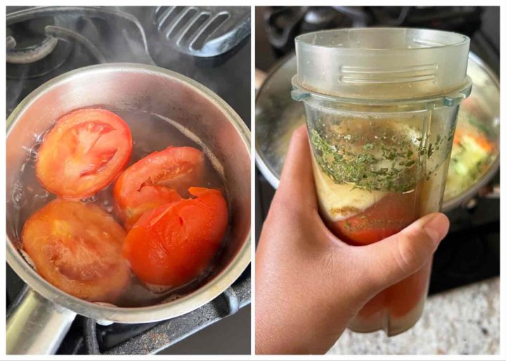 Tomato Sauce steps for veggie recipe. Boil and place tomato and spices in blender cup.