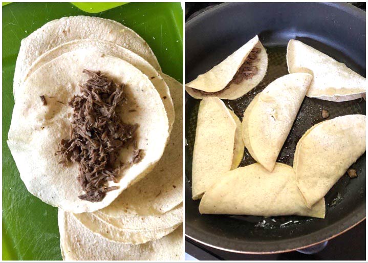 2 photos showing steps to fill and fry the tacos for crispy shells.
