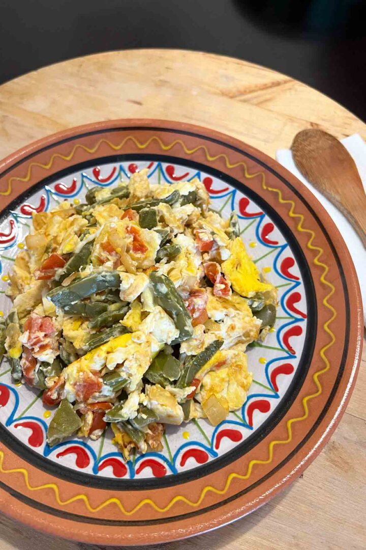 Easy Nopales and Eggs on hand painted plate