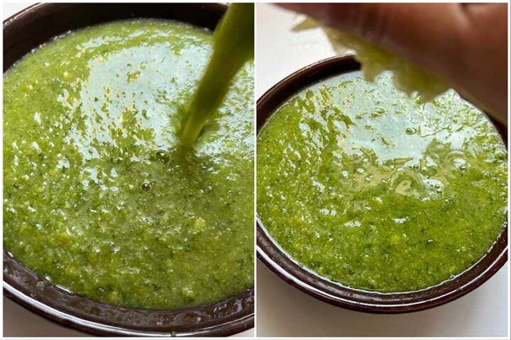 Pouring blended fresh salsa and adding lime