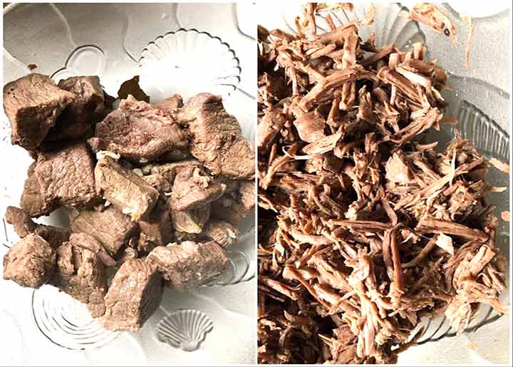 2 photos. image of cooked cubed beef in photo 1 and shredded in photo 2.
