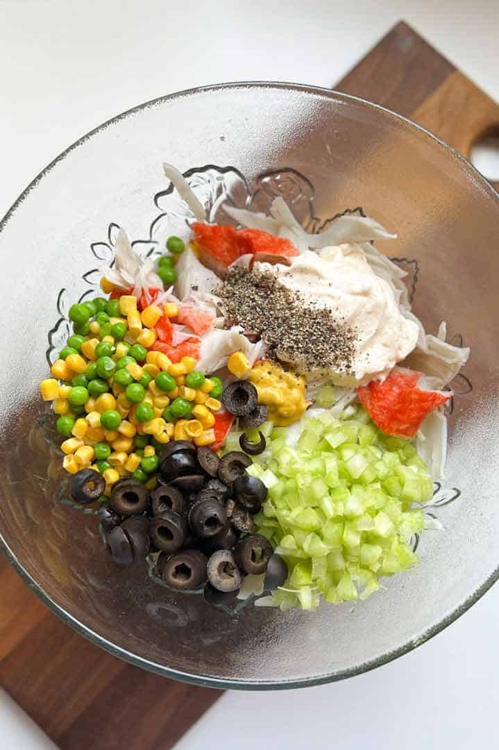 Prepped ingredients to make Crab Salad