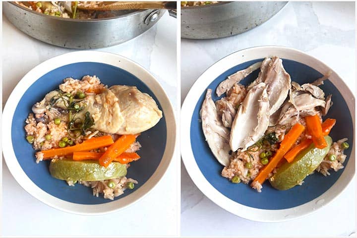Side by side bowls with chicken and rice, one with chicken leg on the bone and one de-boned.
