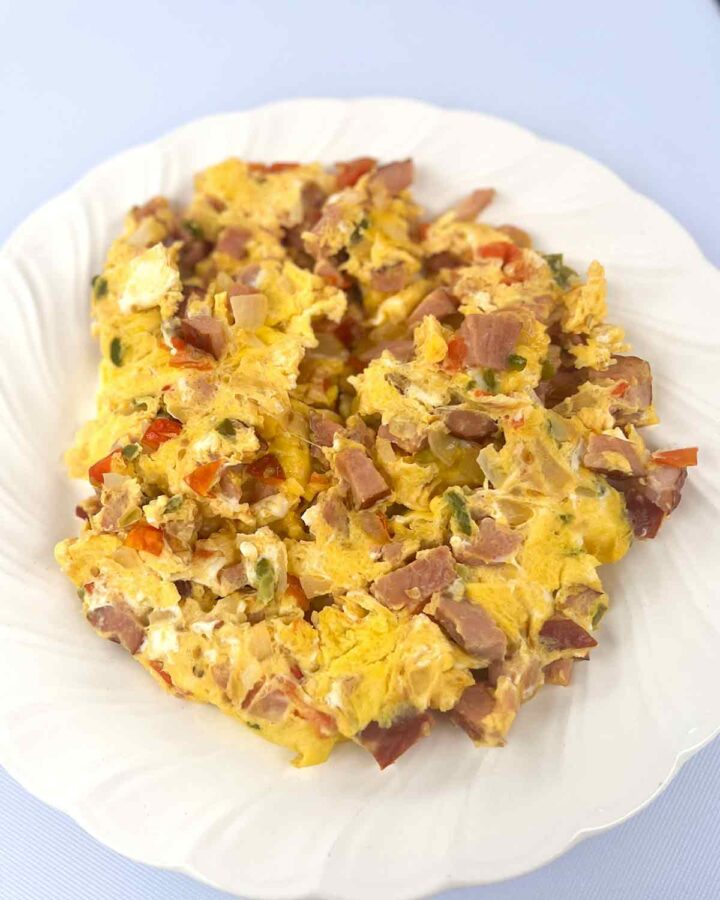 Ham and Eggs with leftover cubed ham recipe post.