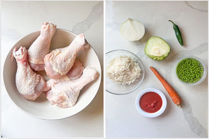 Ingredients to cook arroz con pollo uncooked drumsticks and uncooked rice and vegetables on white kitchen counter.
