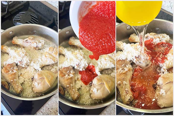 Process steps to recipe section 2 when adding the rie, sauce and broth to pan.