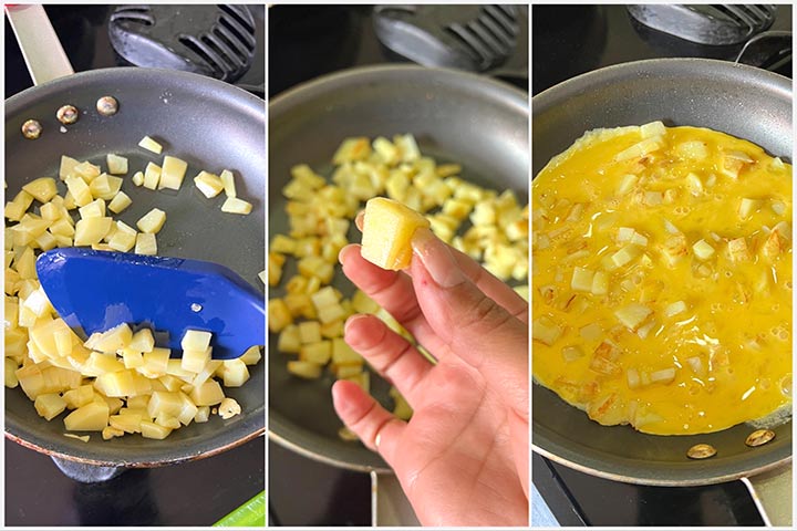 Process steps to cook papas con huevo in three steps.