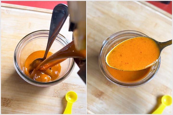 salsa transfer to jar and sample full tablespoon of bright red-orange colored Cacahuate sauce on wood surface.