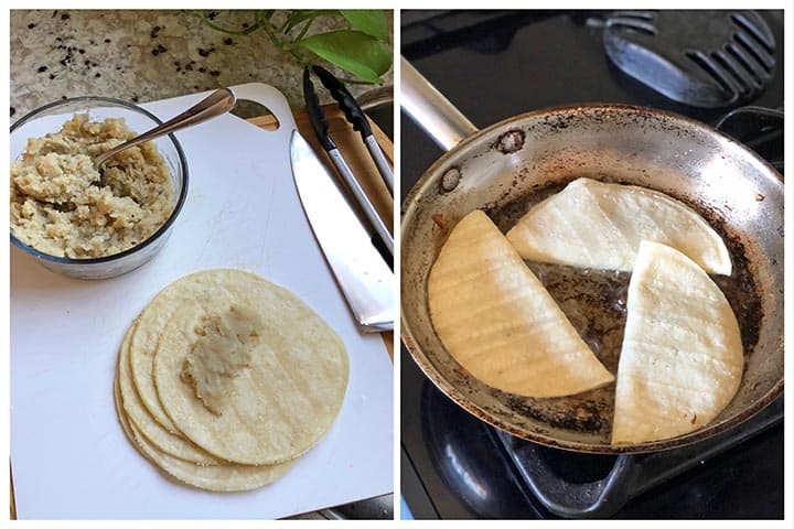 steps for filling warm corn tortillas and folding before fryings on the stove pan.