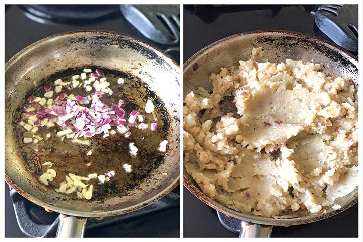 Potato filling with diced garlic and onion sauteed and then mixed to make the taco filling in a pan.