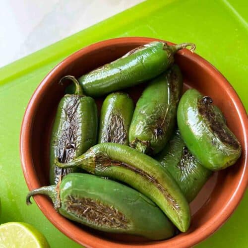 Chiles Toreados or Mexican Blistered spicy peppers.