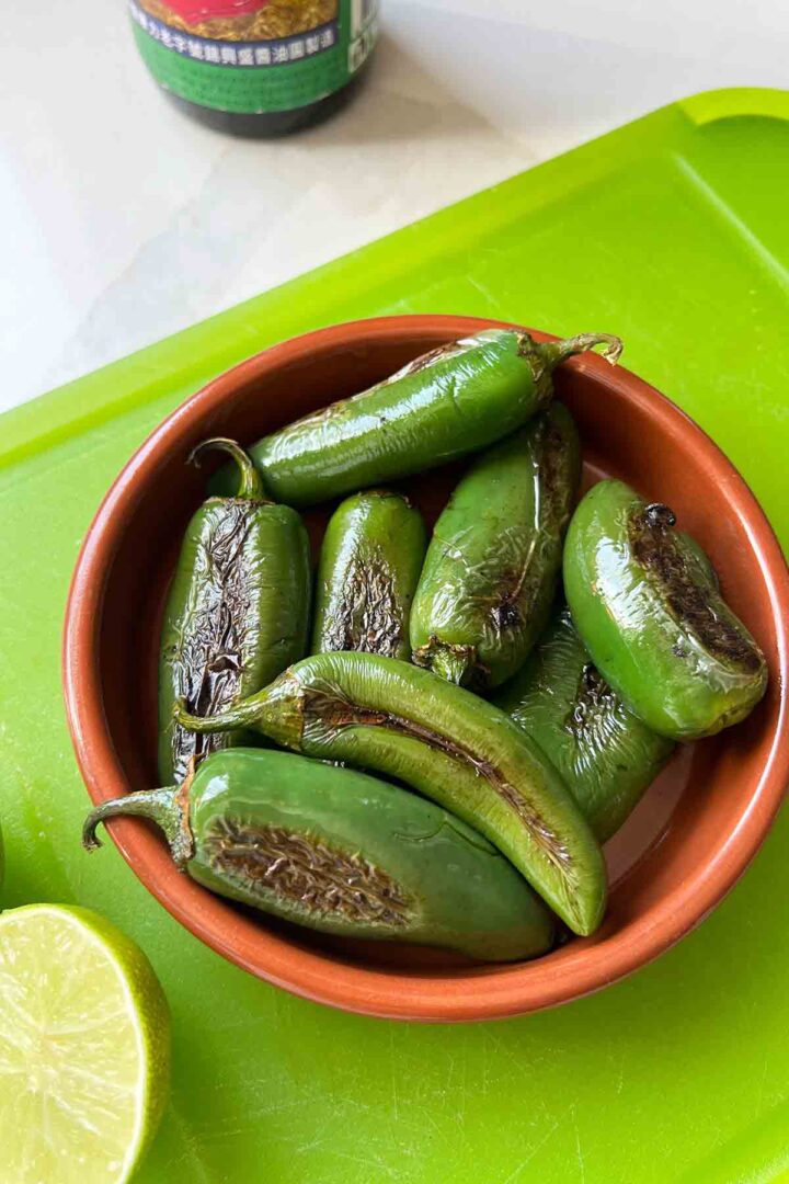 Chiles Toreados or Mexican Blistered spicy peppers.