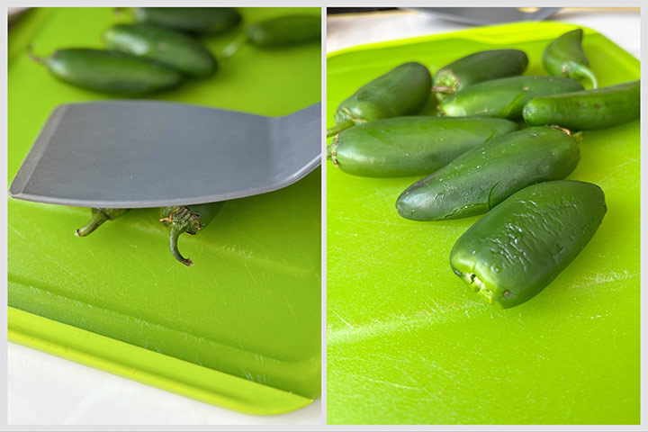 Process-step-two-is-pressing-spatula-firmly-against-jalapeno-to-gently-smush-it-on-flat-surface.