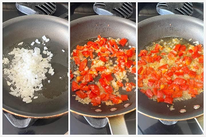 Step by step to saute onions, red bell pepper, in pan on the stove.