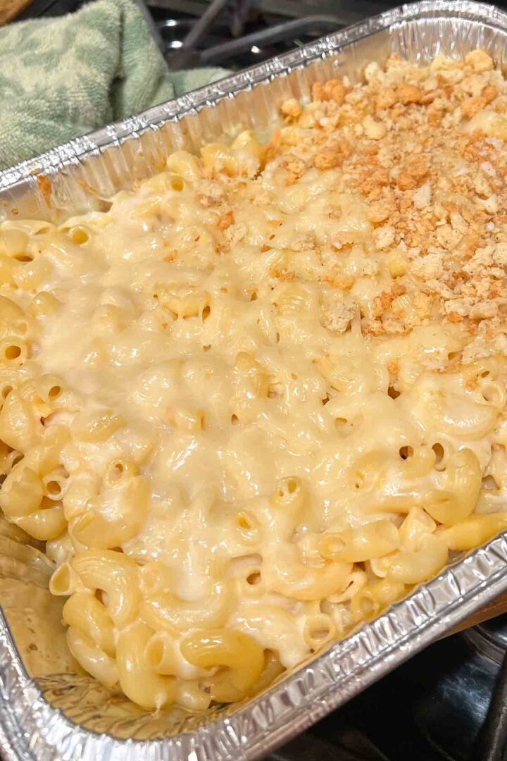 Baked Mac And Cheese Party recipe in disposable aluminum tray.