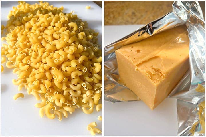 Primary mac and cheese recipe Ingredients; noodles and cheddar brick.