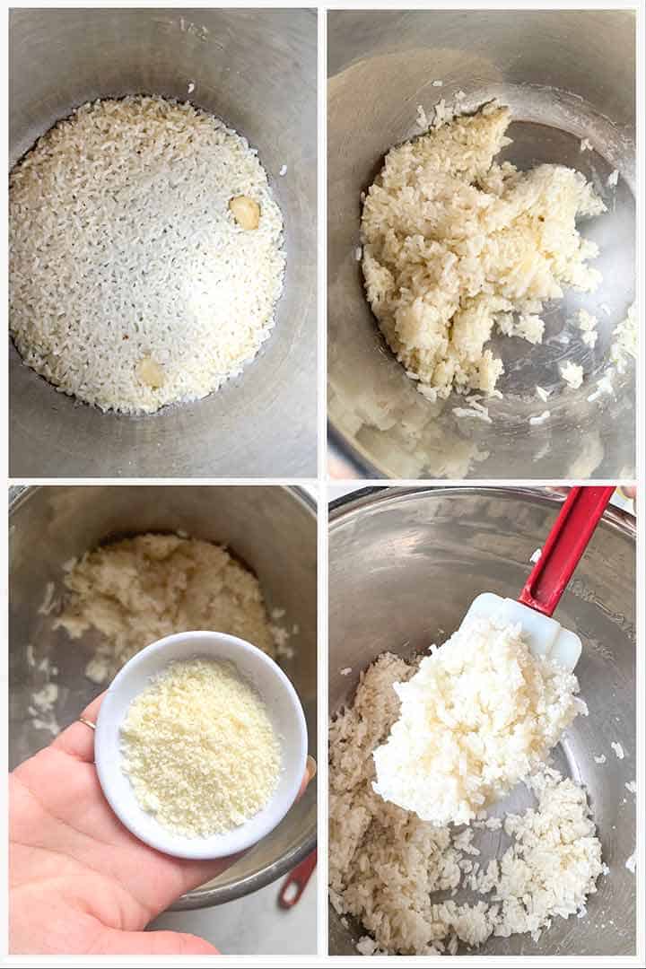 process steps to make Cotija Rice in four images.