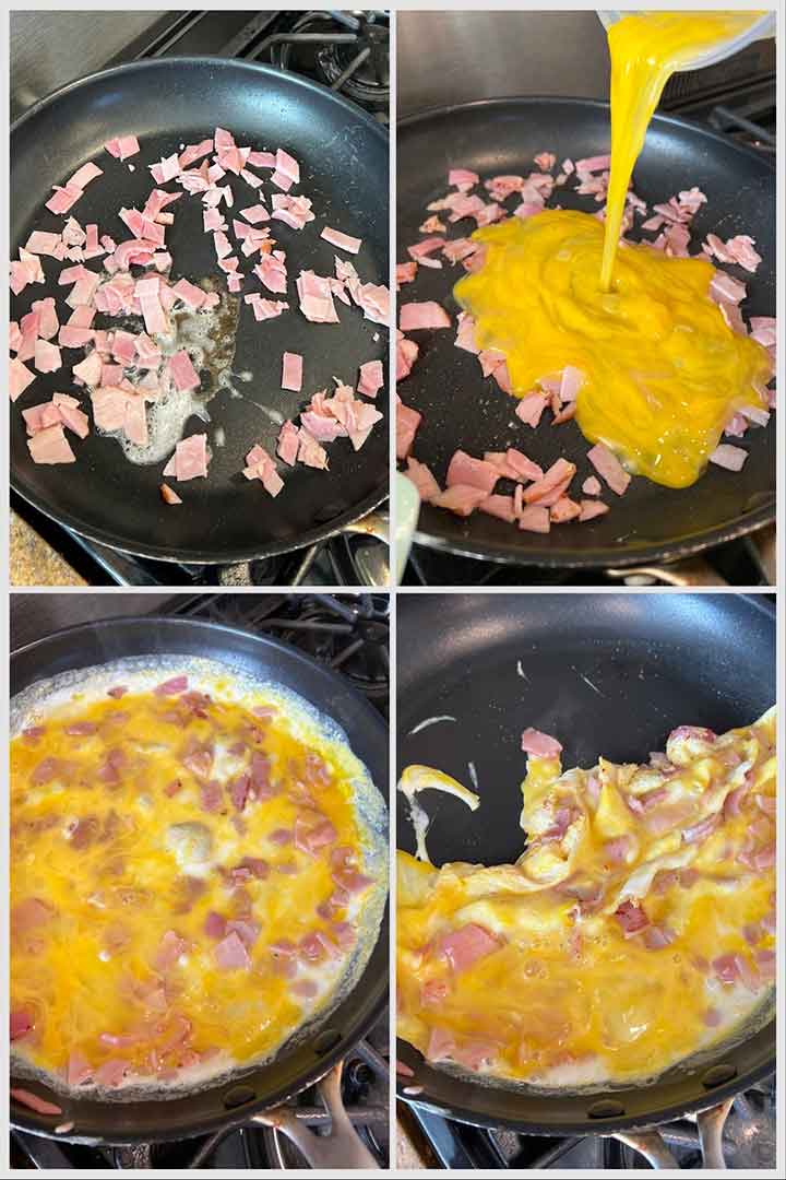Process steps to make perfectly soft cooked eggs and diced ham skillet.