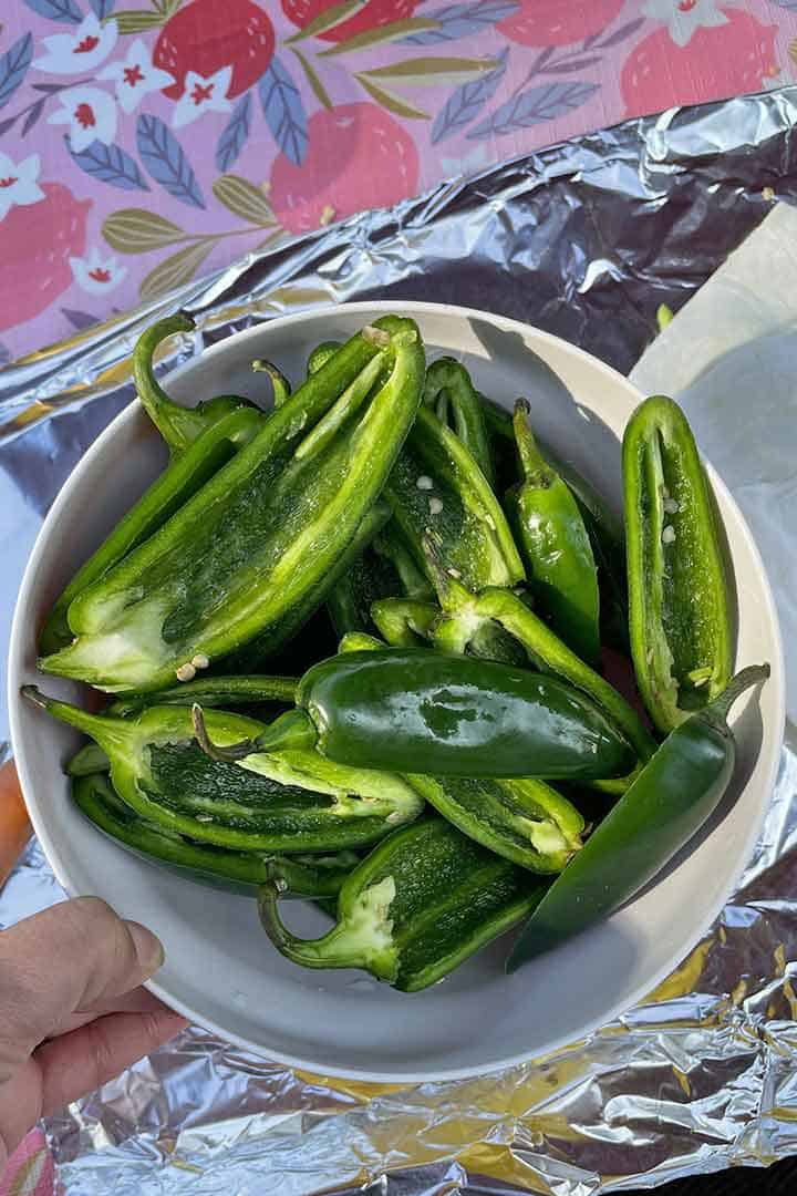 Deseeded Jalapenos in a bowl step.