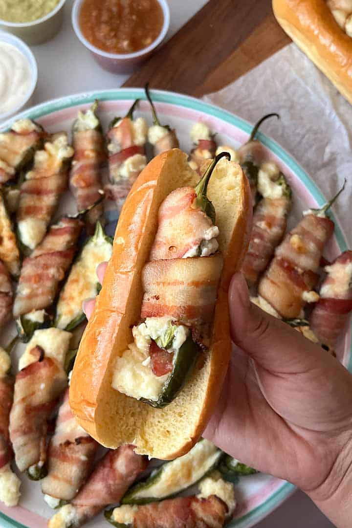 Bacon wrapped Jalapeno popper in Hot Dog bun.