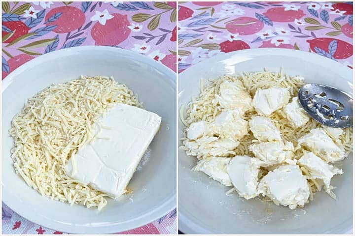 softened cream cheese and shredded white cheese in a bowl.
