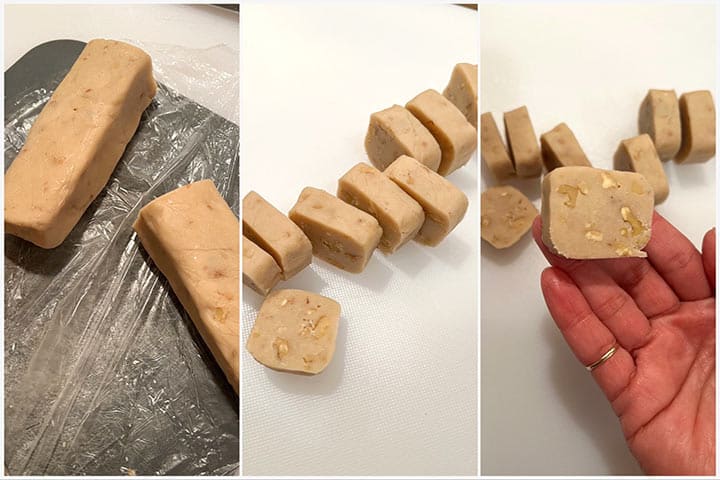 the cookie dough rolled up and cut into preferred cookie shape show in hand.