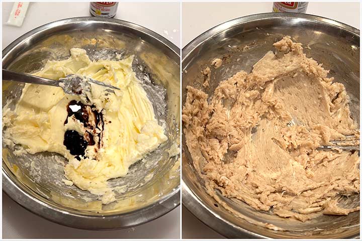 Process steps to make the cookie batter with softened butter and vanilla in mixing bowl.