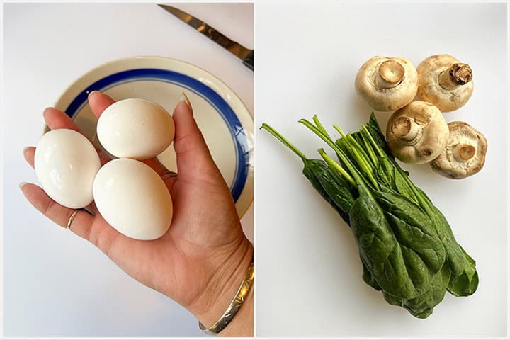 ingredients in recipe, fresh eggs, mushrooms, and spinach.