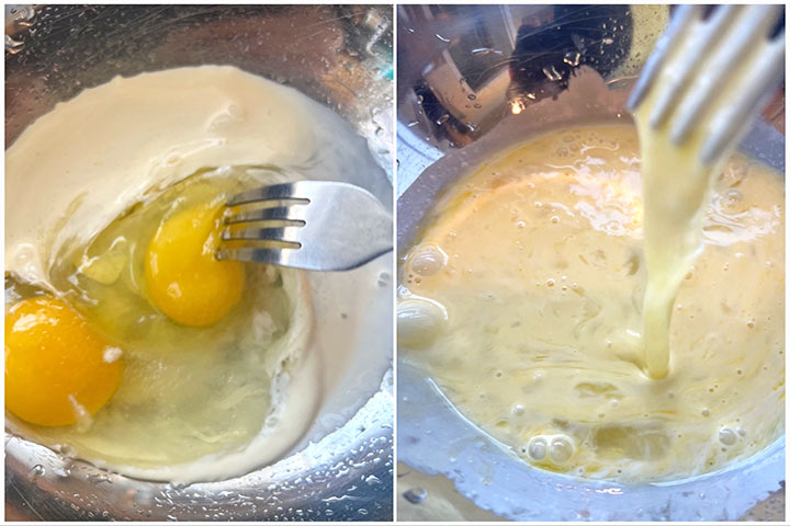 recipe whole egg mixture in a bowl with a fork to ensure no lumps.