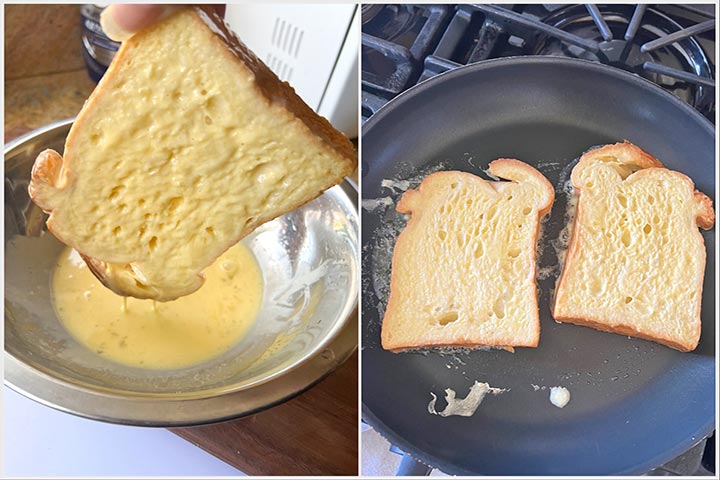 process steps to make homemade french toast: dipping in egg mixture, followed by griddle.